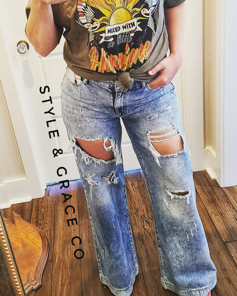 Uniq Distresed Wide Leg Boyfriend Jean - Style & Grace Co