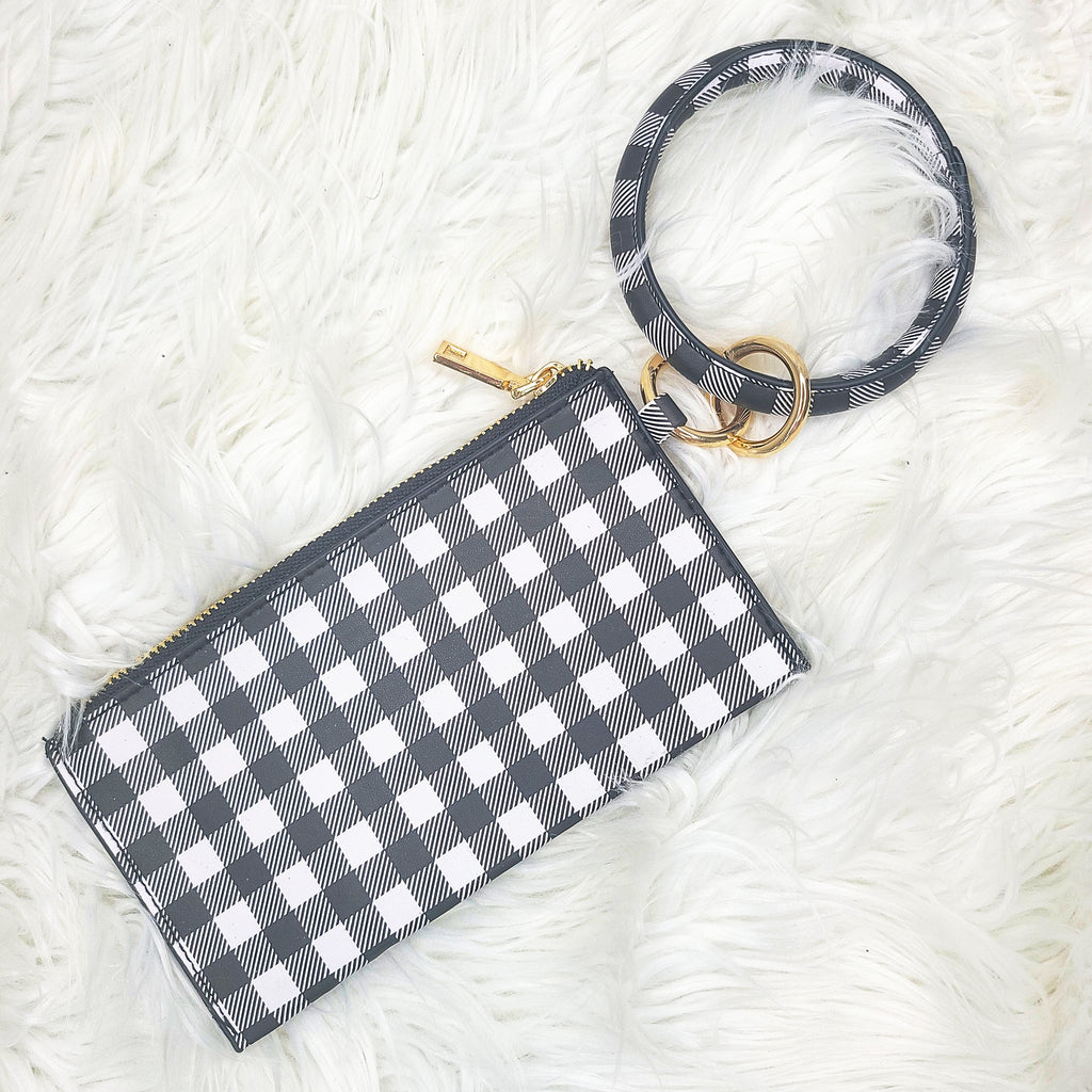 Checkered Pattern Wristlet Card Holder Coin Pouch Keychain 