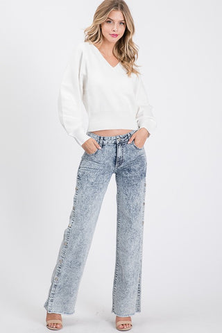 Karly Acid Wash Button Side Jeans